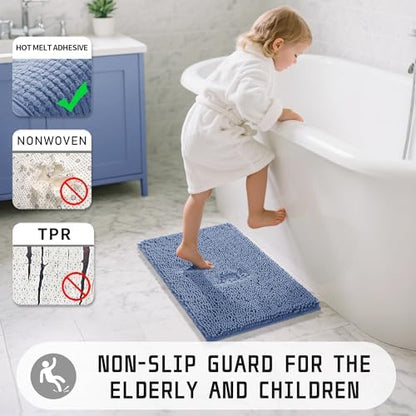 Yimobra Washable Bathroom Rugs, Super Soft & Absorbent Chenille Bath Mat for Floor & Carpet, Quick Dry Non Slip Bath Mat for Tub Shower, 32"x20",Denim Blue