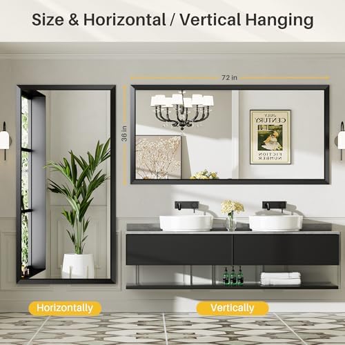 Briivue Black Metal Framed Bathroom Wall Mirror, 72x36 Inch