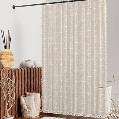Boho Farmhouse Classic Plaid Linen Tassel Shower Curtain Grey,72x84