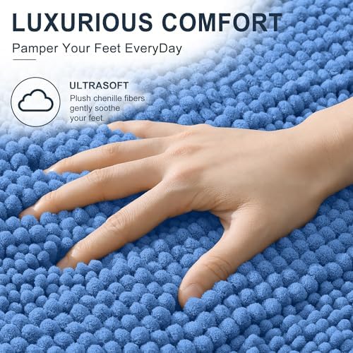 Smiry Thick Chenille Bathroom Runner Rugs 47x17, Bath Mat, Cornflower Blue