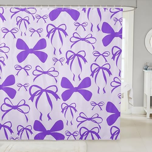 jejeloiu Cute Bowknot Shower Curtain for Bathroom Decor 72"x84" Purple Girls Bow Bath Curtain Kawaii Bathroom Accessories Waterproof Polyester Fabric with 12 Hooks for Stalls Bathtubs Princess Decor