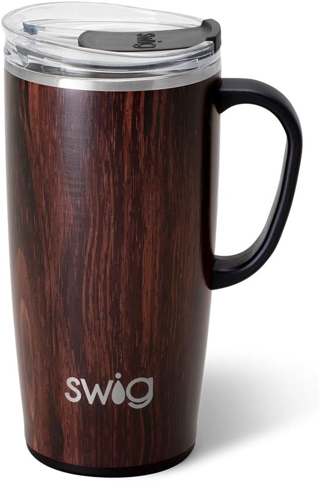 Swig Life 22oz Travel Mug, Insulated Tumbler with Handle and Lid, Cup Holder Friendly, Dishwasher Safe, Stainless Steel, Travel Coffee Cup, Insulated Mug with Lid (Bourbon Barrel)