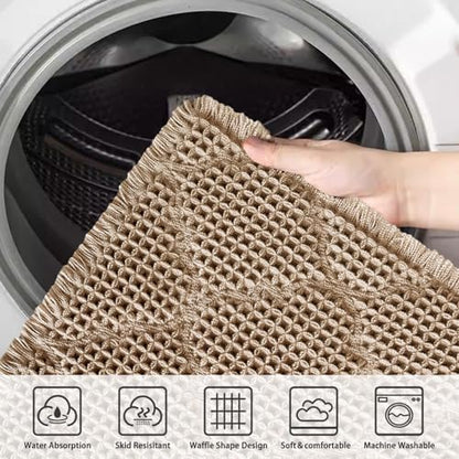 ZALL Tan Waffle Bath Mat,Super Absorbent Non Slip Bathroom Rug,Brown 18x30inch, Geometric Diamond Machine Washable Ultra Soft Floor Mats