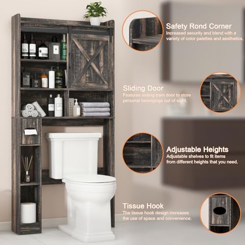 Vabches Over The Toilet Storage Cabinet with Sliding Barn Door. Dark Grey