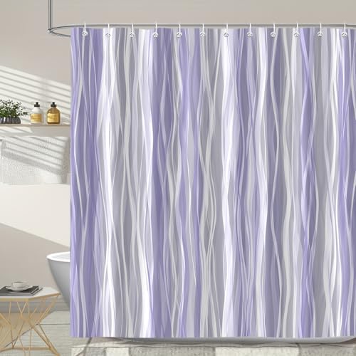 Moonslim Purple Lavender Grey Ombre Shower Curtain, Modern Wavy Abstract Striped Line Bathroom Curtain, Waterproof Fabric Bath Decor, 72 x 72 Inch