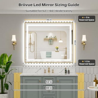48x40 Inch LED Bathroom Mirror with Gold Frame, Backlit & Front Lit