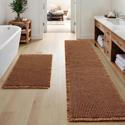 MIULEE Set of 2 Waffle Bathroom Rugs Boho Bath Mat Caramel 17"x24"+17"x48"