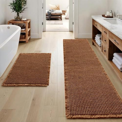 MIULEE Set of 2 Waffle Bathroom Rugs Boho Bath Mat Caramel 17"x24"+17"x48"