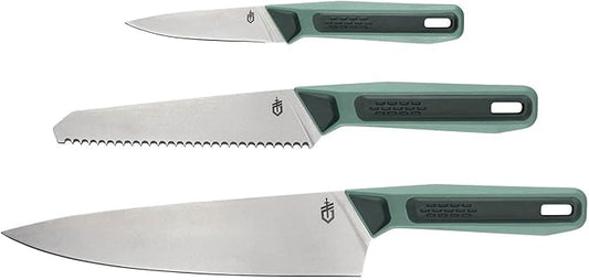 Gerber Gear ComplEAT Knife Set - Camp Cutting Set with Paring Knife with Sheaths, Serrated Utility & Chef's - Dishwasher-Safe
