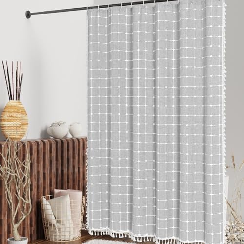 Boho Farmhouse Classic Plaid Linen Tassel Shower Curtain Light Grey,72x78