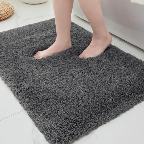 ILANGO Dark Gray Bathroom Rugs 36" × 24" Non Slip & Super Absorbent Extra Thick Soft, Washable Bath Mat for Floor, Microfiber Plush Shaggy Bath Rug with Rubber for Bathtub Shower Room Sink
