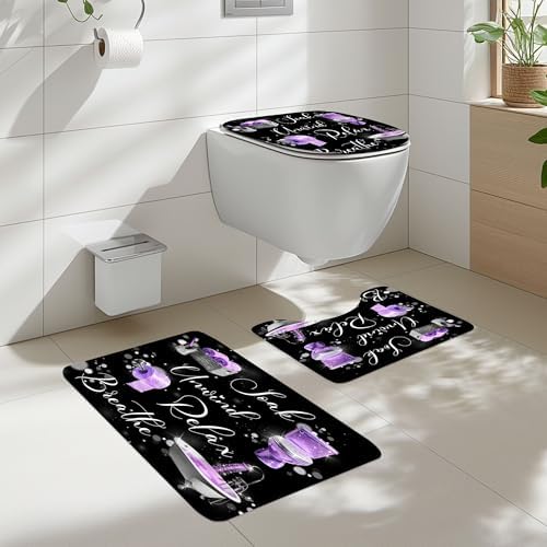 Purple Black Lilac Mauve Funny 4Pcs Bathroom Shower Curtain Set with Rugs