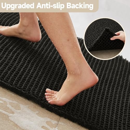 TYUU Black Waffle Bath Mat, Boho Bathroom Rugs Non Slip Washable, 48x24