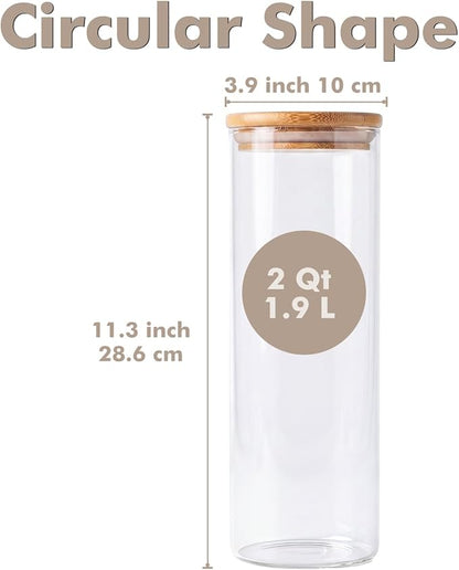 3-Pack 2Qt Round Glass Spaghetti Jars with Bamboo Lids | Minimalist Kitchen Organizer,Scandinavian Style Storage,Nordic Style Storage,Food Storage Canister for Pasta, Penne, Macaroni