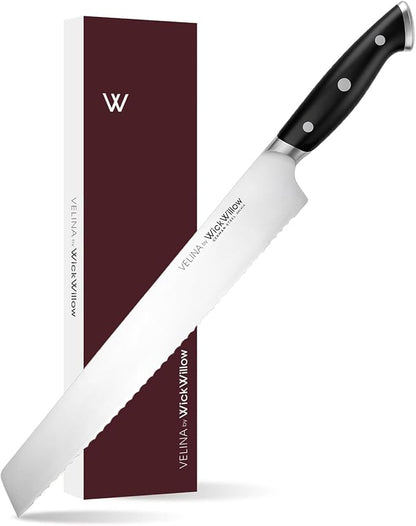 WICKWILLOW 10-Inch Serrated Bread Knife - German X50CrMoV15 Steel, Full Tang, Razor-Sharp Wavy Edge for Sourdough, Artisan Bread, Bagels, Cakes & Sandwich Loaves - Gift Boxed for Home Bakers