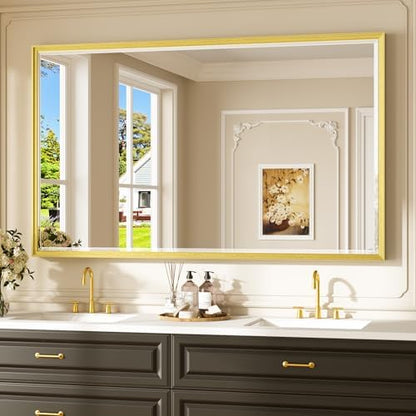 Keonjinn 60" x 36" Gold Bathroom Mirrors, Secure French Cleat Installation