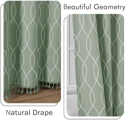 OVZME Sage Green Shower Curtain for Bathroom, Puff Printed Textured Shower Curtain with Tassels, Rustic Geometry Heavy Duty Vintage Country Bathroom Curtain, Water Resistant Fabric, 72Wx72L Inches