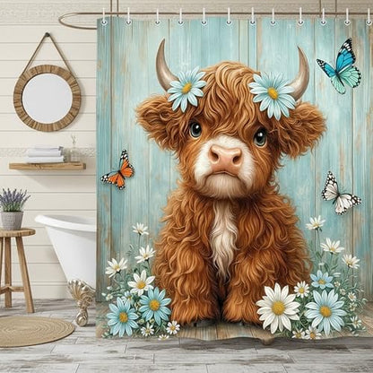 Cute Cow Shower Curtain, Farmhouse Rustic Floral Teal Daisy Funny Highland Cow Shower Curtains for Bathroom, Calf Country Plant Farm Animal Bathroom Decor with Hooks, 36x72 inch