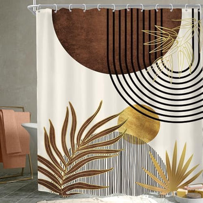 Mid Century Brown Boho Abstract Modern Beige Bathroom Shower Curtain Set