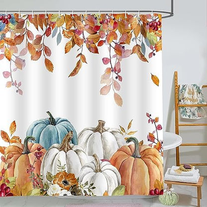 Fall Pumpkin Shower Curtains for Bathroom, Thanksgiving Teal Eucalyptus Leaves Watercolor Pumpkins Farmhouse Rustic Vintage Boho Bathroom Decor Set, Waterproof Fabric Polyester with Hooks 72x84 White