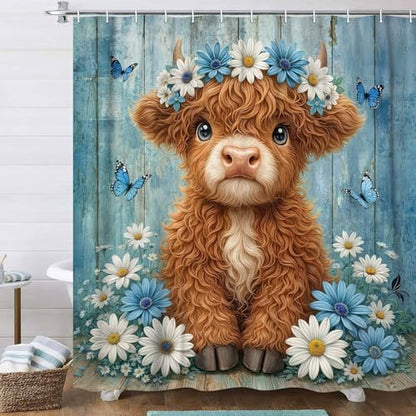 Cute Cow Shower Curtain, Farmhouse Rustic Blue Floral Daisy Highland Cow Shower Curtains for Bathroom, Calf Country Farm Animal Garden Plant Fabric Bathroom Decor with Hooks, 70x75 inch