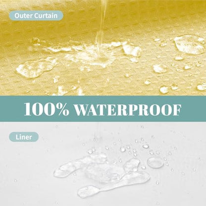 eachope No Hook Waffle Shower Curtain with Snap-in Liner, 71x74 Inch,Yellow