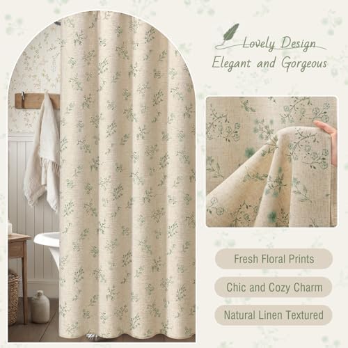 Sage Green Floral Farmhouse French Vintage Linen Shower Curtain 72Wx84H