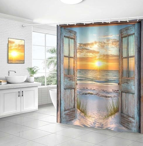 Beach Coastal Shower Curtain, Ocean Barn Door Nautical Sunrise Seaside Seascape Wave Decor Bath Curtains, Rustic Wood Teal Turquoise Bathroom Accessories Fabric Waterproof with Hooks, 47X64in