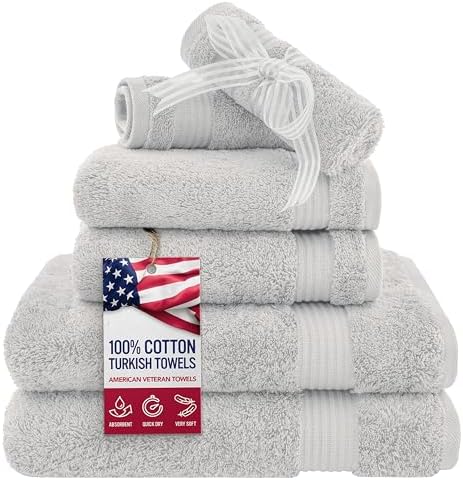 American Veteran Towel, 6 Piece Towel Set for Bathroom, 100% Cotton Turkish Bathroom Towels, 2 Bath Towels 2 Hand Towels 2 Washcloths, Silver Grey