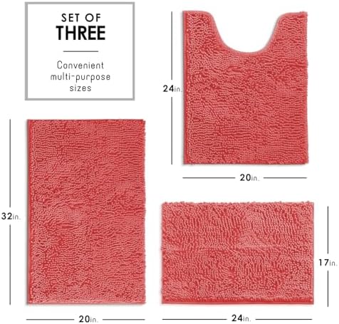 Hearth & Harbor Bathroom Rugs, Chenille Bath Mat - Machine Washable Bath Mats for Bathroom Non-Slip Backing Rubber, Quick Dry Mat - Rose Bath Rug, 17x24-20x32-20x24