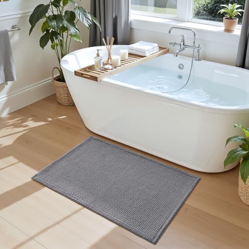 DEXI Chenille Bath Mat 24x16, Soft Absorbent Bathroom Rugs, Grey