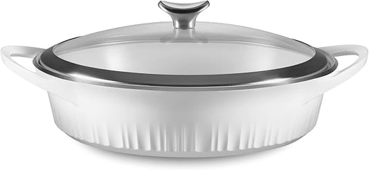 CorningWare QuickHeat 4-QT Cast Aluminum Braiser With Lid, Nonstick Ceramic Interior, Lightweight and Fast Even Heat Baking & Cooking, For Meats, Soup, Browning, Searing, French White