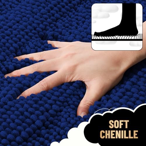 OLANLY Thick Bathroom Rugs 30x20, Soft Chenille Striped Bath Rugs, Navy