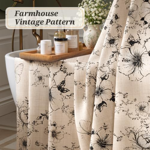 Vintage Black Floral Shower Curtain with 12 Clear Rings - 72" W x 72" L