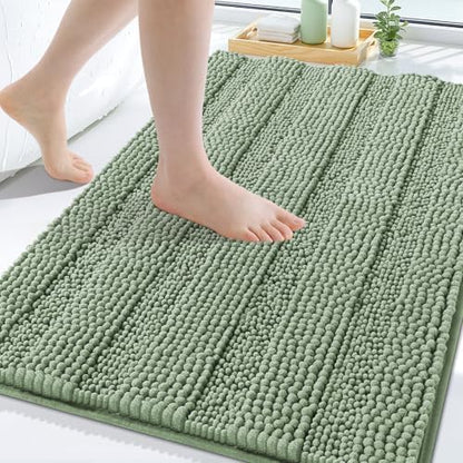 Grandaily Chenille Striped Bathroom Rugs 30x20, Extra Thick and Absorbent Bath Mats, Non-Slip Soft Plush Shaggy Shower Carpet, Machine Wash Dry, Bath Rug for Bathroom, (Medium, Grayish Green)
