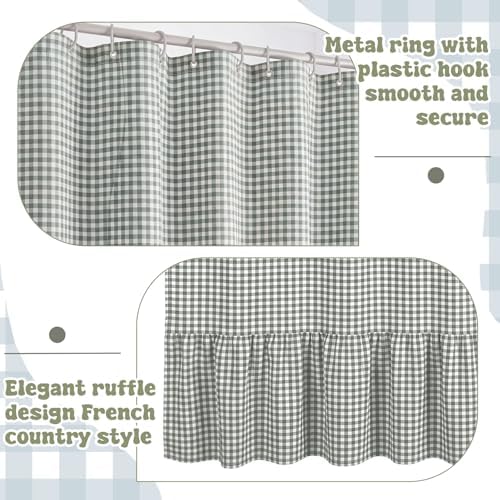HunnmingRe Ruffle Hem Gingham Shower Curtain Sage Green