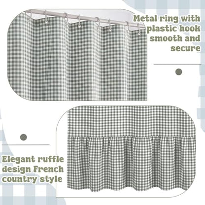 HunnmingRe Ruffle Hem Gingham Shower Curtain Sage Green