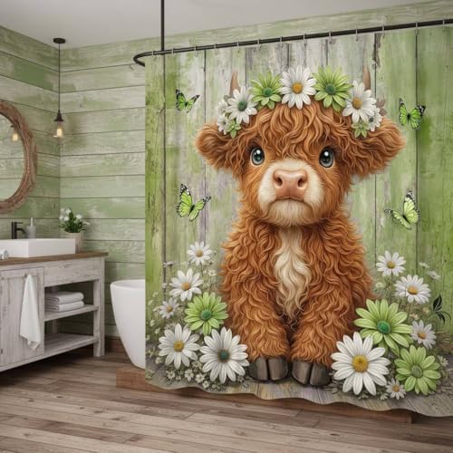 Cute Cow Shower Curtain, Farmhouse Rustic Floral Daisy Highland Cow Shower Curtains for Bathroom, Calf Country Farm Animal Garden Plant Fabric Bathroom Decor with Hooks, 54x72 inch