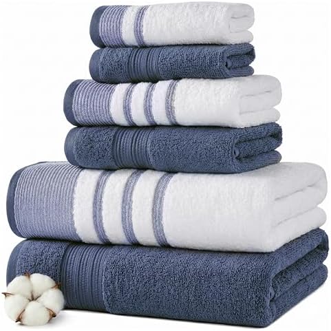 Modern Threads 6 Piece Bath Towel Set – Bathroom Towel Set with 2 Bath Towels, 2 Hand Towels & 2 Washcloths – 100% Cotton, Soft & Absorbent – Classic Border Stripe (Blue)