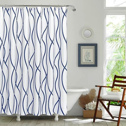 Fabric Modern Extra Long Shower Curtains for Bathroom-Navy and White