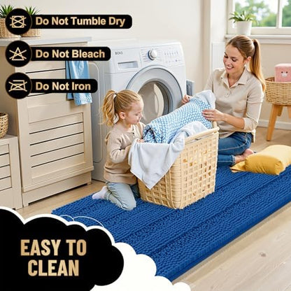 OLANLY Thick Bathroom Runner Rugs 44x24, Chenille Bath Rugs, Deep Navy Blue