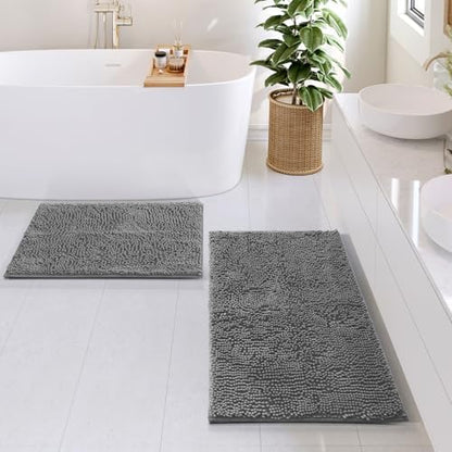 Hearth & Harbor Bathroom Rugs, Chenille Bath Mat - Machine Washable Bath Mats for Bathroom Non-Slip Backing Rubber, Quick Dry Bathroom Mat, 17 x 24 + 20 x 32 - Frost Grey