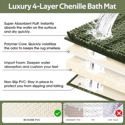 ACCUMTEK Christmas Striped Olive Green Toilet Bathroom Rug Mat Set 2 piece Rug Ultra Soft, Non Slip Chenille Bath Rugs, Absorbent Plush Shaggy Bath Mats for Bathroom, Bedroom, Kitchen, Shower, Tub