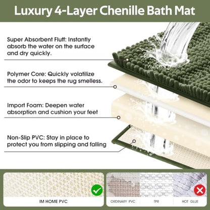Christmas Striped Olive Green Bathroom Rug Mat Set 2 piece 24"x17"+48"x20" Ultra Soft, Non Slip Chenille Bath Rugs, Absorbent Plush Shaggy Bath Mats for Bathroom, Bedroom, Kitchen, Shower, Tub