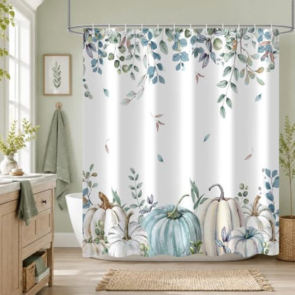 Blue Pumpkin Shower Curtain, 72 x 84 Inch Watercolor White Pumpkin Eucalyptus Bathroom Curtain, Fall Farmhouse Bath Curtain for Tub Shower Decor, Multiple Sizes