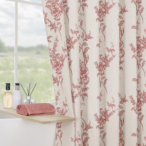 Red Linen Farmhouse Shower Curtain, Boho Floral Bathroom 72x72