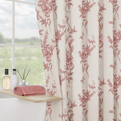 Red Linen Farmhouse Shower Curtain, Boho Floral Bathroom 72x72