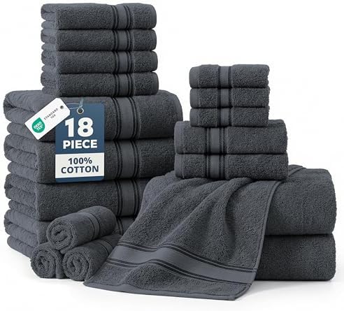 LANE LINEN Towel Set for Bathroom 18 Piece Soft Absorbent - Cool Grey