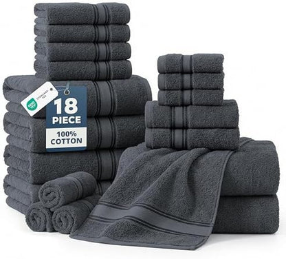 LANE LINEN Towel Set for Bathroom 18 Piece Soft Absorbent - Cool Grey
