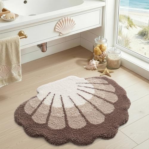 DEXI Cute Seashell Bath Mat, Coastal Scallop Bathroom Rug, 38x30 Beige